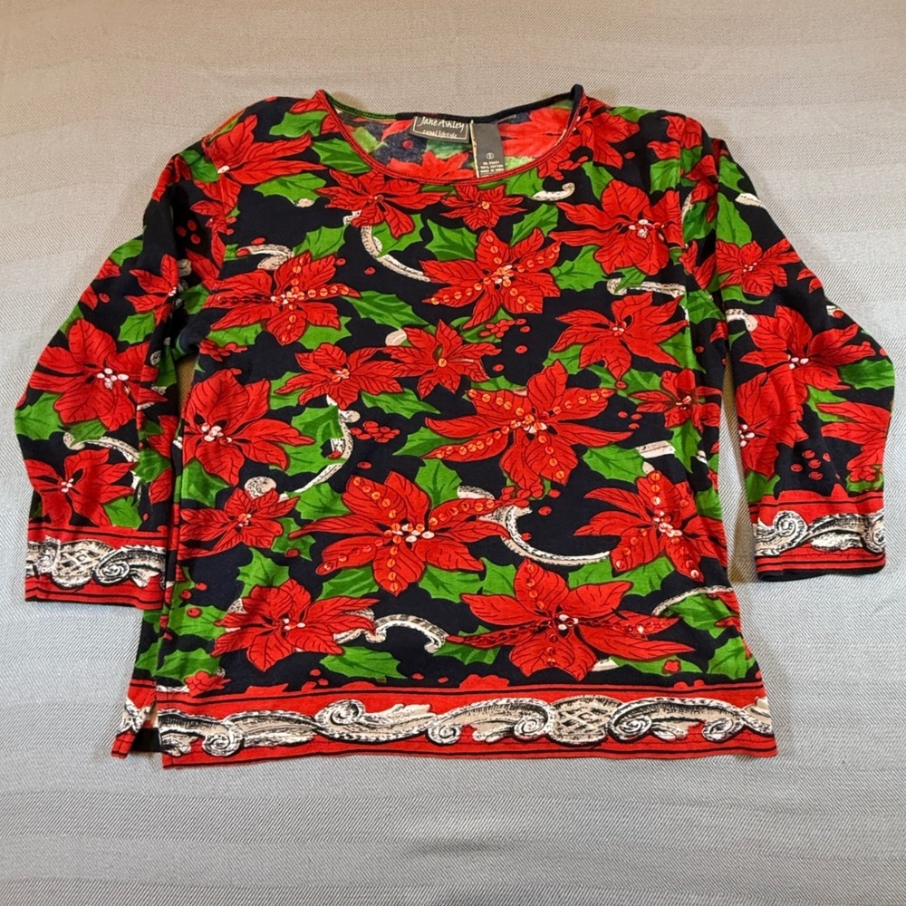 Jane Ashley Christmas Poinsettia Sequin Cotton Top Womens Small Holiday Top 2471